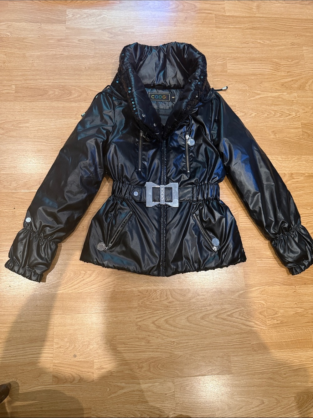 Black Shiny Sequin-Trim Puffer Jacket with Cinched Waist